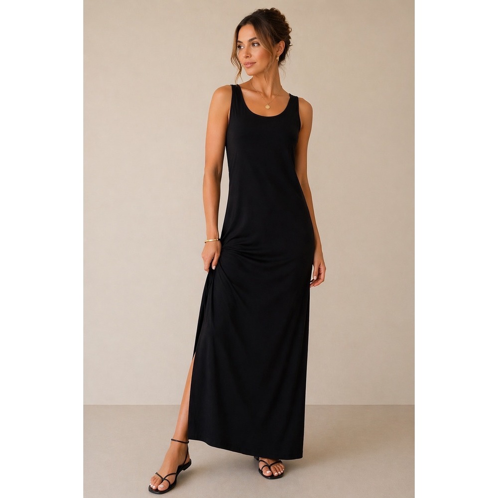 Hillard & Hanson Black Maxi Dress Sleeveless Slit Minimalist classic Size M